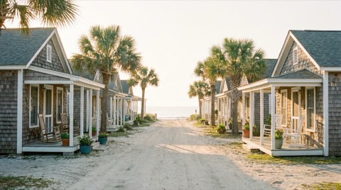 A quiet beach cottage street with wood-shingle homes and small front porches in morning light