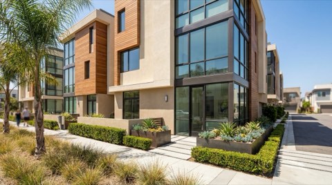 A contemporary condo building exterior with clean architectural lines and a landscaped entrance under a bright blue daytime sky.