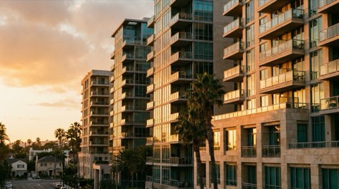 Dense mid-rise luxury condo towers along a palm-lined Westwood boulevard glowing in golden hour light with a quieter street visible in the distance
