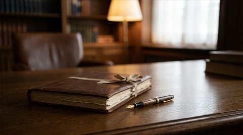 Attorney's desk with a folder of property title documents and a pen