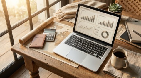 Desk with laptop, world map, and passport for remote property research