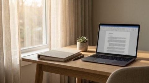 Legal document and pen beside a laptop on a sunlit desk