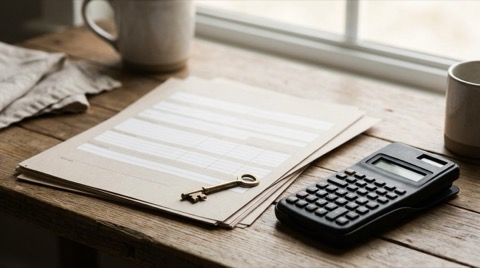 Tax documents and calculator on a desk with a house key