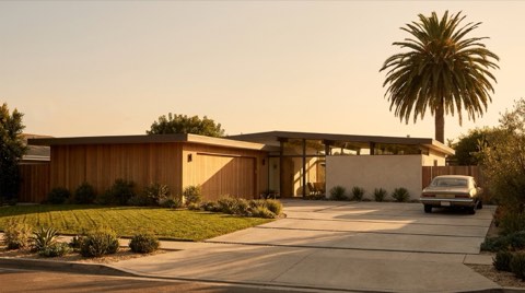 Mid-century Los Angeles home exterior at golden hour