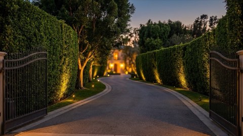 Private hedge-lined driveway with wrought-iron gate at dusk