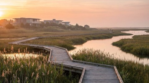 A wooden boardwalk winding through wetlands reeds with modern low-rise buildings soft-focused in the background under golden-hour light.