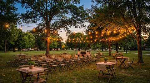 A neighborhood park near Beverlywood set up for a community gathering with string lights at dusk