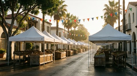 Empty white canopy tents over wooden farmers market stands in early morning light