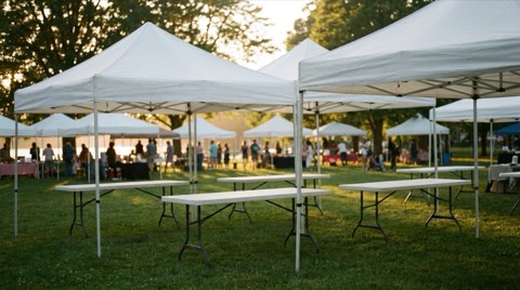 Blank tents and tables set up for an outdoor community gathering in a Mar Vista park