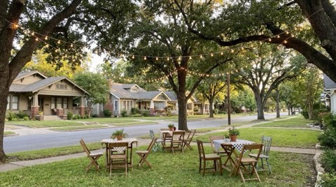 A neighborhood street set up for a small community gathering with string lights and folding tables.