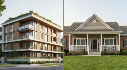A modern condo building beside a single-story ranch home, contrasting housing types in Mar Vista