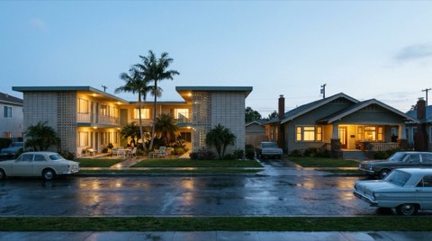 A residential street at dusk with a courtyard apartment building on one side and a single-family bungalow on the other, windows glowing warm