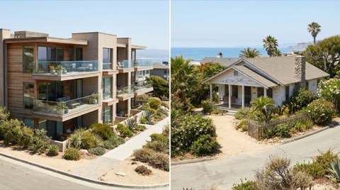 A modern condo building beside a classic single-family beach cottage in the same coastal neighborhood