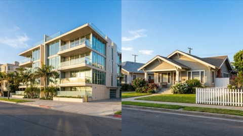 A modern beachside condo building next to a charming single-family bungalow in Santa Monica