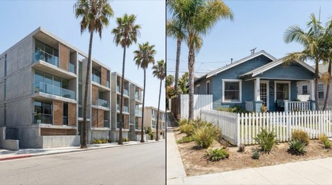 A modern condominium building beside a classic single-family bungalow in Venice