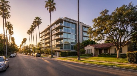 A Westwood street at late afternoon showing a sleek mid-rise condo building on one side and a 1930s single-family home with a front lawn on the other
