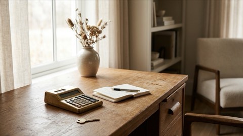Calculator, notepad, and house key on a sunlit wooden desk