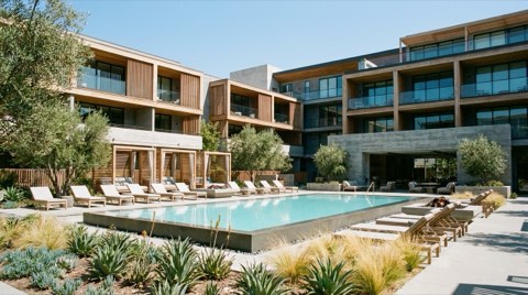 A shared courtyard and pool amenity at a Culver City condominium complex.