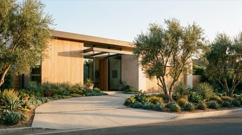 An upscale single-family home exterior in Culver City at golden hour.