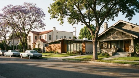 A Culver City street showing a mix of Spanish revival, mid-century modern, and craftsman homes.