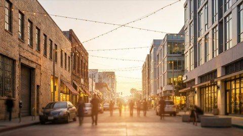 Downtown Culver City blending historic studio architecture with modern mixed-use buildings.