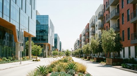 Modern glass office and mixed-use buildings in Culver City's tech corridor.