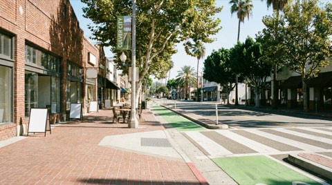 A pedestrian-friendly street in Culver City with crosswalks and a bike lane.