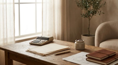 Desk with calculator, paperwork, and coins near a sunlit window