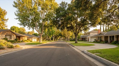 Wide San Fernando Valley street with mature trees and tidy lawns