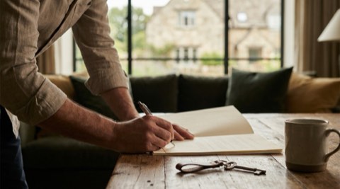 Hands signing escrow documents at a table with a house key nearby