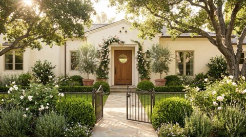 A charming, smaller elegant home entrance in Bel Air with a welcoming front door and modest front garden