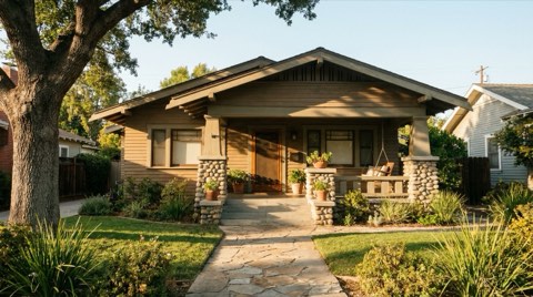 A modest craftsman-style bungalow home with a small front porch and simple landscaping