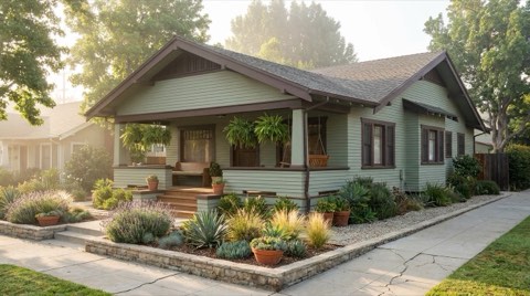 A modest sage green craftsman bungalow with a covered front porch on a quiet Los Feliz street in morning light