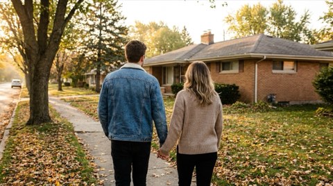 A couple seen from behind walking toward a ranch home on a quiet Mar Vista sidewalk