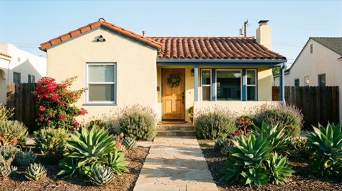 A welcoming, well-kept starter home in a beach neighborhood in morning sunlight