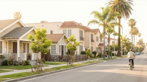 A bright welcoming Santa Monica street of modest single-family homes and small condo buildings