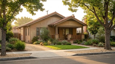 A modest traditional bungalow starter home with a tidy front yard in soft morning light.