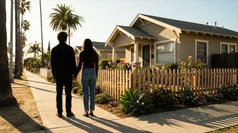 A couple viewed from behind looking up at a small Venice starter bungalow