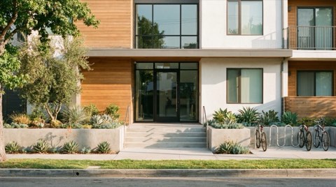 A welcoming small condo building entrance in Westwood with a clean modern facade, a few entry steps, and landscaped planters in soft morning light