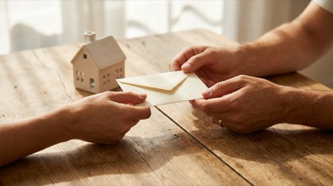 Hands passing an envelope across a table near a small house model