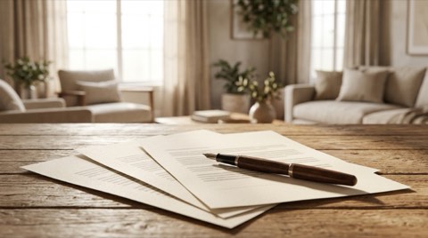 Several offer documents fanned on a table with a fountain pen