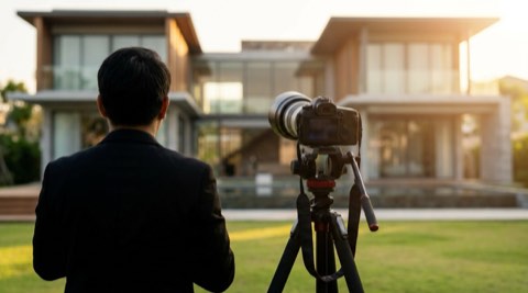 Photographer's tripod camera framing a luxury home at golden hour