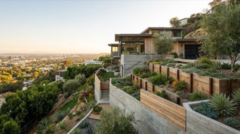 A modern hillside home built on a slope in the Culver City hills.