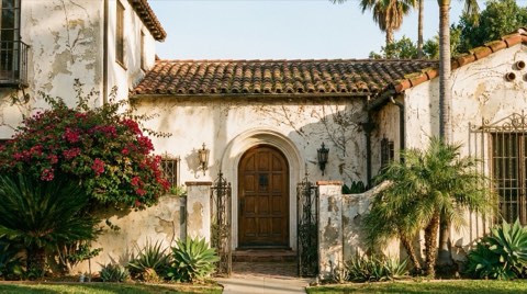 An older Spanish Colonial Revival home in Beverlywood with an arched doorway and terracotta roof in warm afternoon light