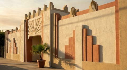 A close-up of a historic Art Deco apartment building facade with geometric relief ornamentation in warm late-afternoon light