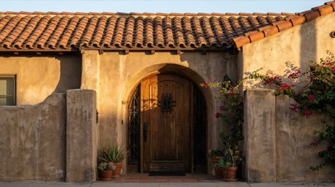 Architectural detail of an older Spanish Revival home with an arched doorway and terracotta roof tiles.