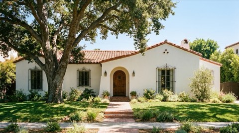A 1920s Spanish Colonial Revival home in Westwood with white stucco walls, an arched entryway, and a terracotta tile roof shaded by a mature oak tree