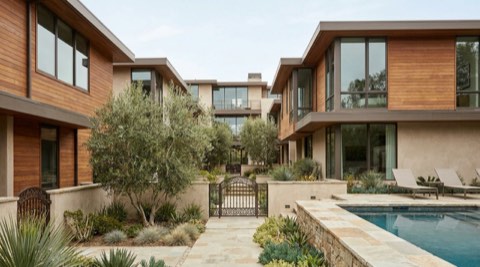 Landscaped courtyard of a well-maintained condominium complex