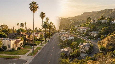 Hollywood flatland bungalow street opening to hillside homes above