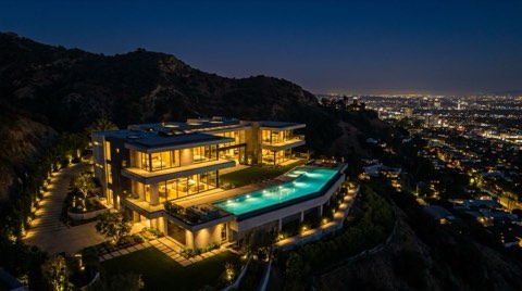 A luxury modern hillside estate glowing from within at night, with an illuminated infinity pool overlooking a sea of Los Angeles city lights
